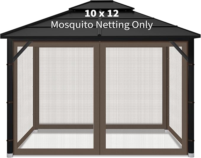 Gazebo Replacement Mosquito Netting Outdoor Universal Gazebo Canopy 4-Panels Screen Sidewalls with Zipper for Patio Garden (Coffee, 10x12)