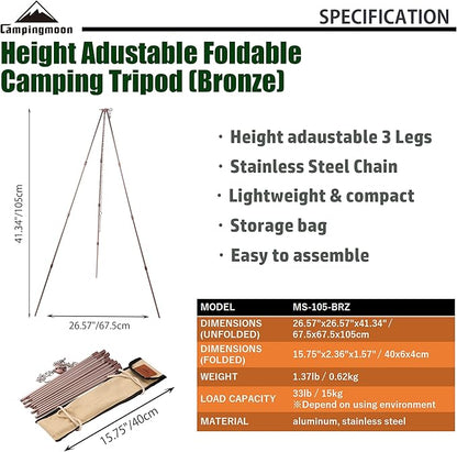CAMPINGMOON Camping Campfire Tripod with Carrying Bag Portable Lightweight Aluminum 41.3-inch Height Stainless Steel Chain