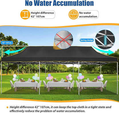 HOTEEL 10x30 Pop up Canopy Tent for Parties, Heavy Duty Easy Setup Tent Without Sidewalls, Outdoor Commercial Instant Gazebo for Wedding Event, with Portable Bag, Black(Hexagonal Frame)