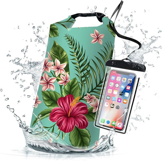 Waterproof Dry Bag,Roll Top Tropical Summer Watercolor Hibiscus Waterproof Backpack 5L/10L/20L Floating and Lightweight Bags for Kayaking, Boating, Swimming and Camping with Waterproof Phone Case