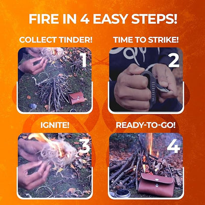 Carbon Steel Fire Striker, English Flint Stone & Char cloth Traditional Hand Forged Fire Starter, Leather Gift Kit with Emergency Tinder Jute Bag
