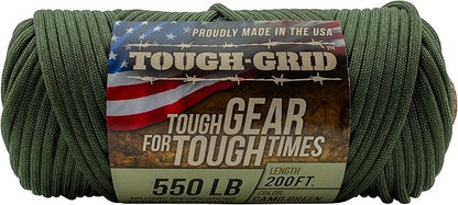 TOUGH-GRID Premium Camo Green Paracord 550 lbs Made in USA Outdoor Survival Nylon Rope Tactical Heavy Duty Strands Parachute Cord Used by US Military Type III Mil-Spec