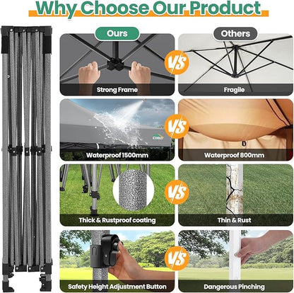 COBIZI 10x15 Heavy Duty Pop up Canopy Tent with 4 sidewalls Commercial Outdoor Canopy Wedding Party Tents for Wedding All Season Wind & Waterproof Gazebo with Carry Bag, Gray(Frame Thickened)