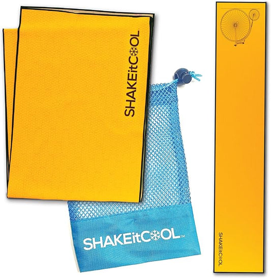SHAKEitCOOL Original Cooling Towel – Be Cool in Style - Heat Relief, Soft, Lightweight, Sun Protection, Easy Clean - Perfect for Biking, Running, Yoga, Gym, Gardening - Vintage Yellow