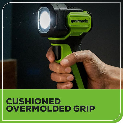 Greenworks 24V Cordless LED Flash Light, 200 lumes Handheld Work Light, Pivoting Head, 3 Lighting Modes, Hanging Hook, with 2Ah Battery and Charger