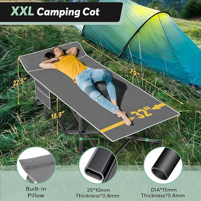 Slendor XXL Camping Cot for Adults, 79"x32"x19" Oversized Folding Cot with Mattress, Heavy Duty 500lbs Support, Portable Carry Bag for Travel, Guest & Outdoor Use