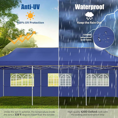 HOTEEL 10x30 Pop up Canopy Tent for Parties, Heavy Duty Easy Setup Tent with 5 Sidewalls, Outdoor Commercial Instant Gazebo for Wedding Event, with Roller Bag & Sand Bags, Dark Blue(Hexagonal Frame)