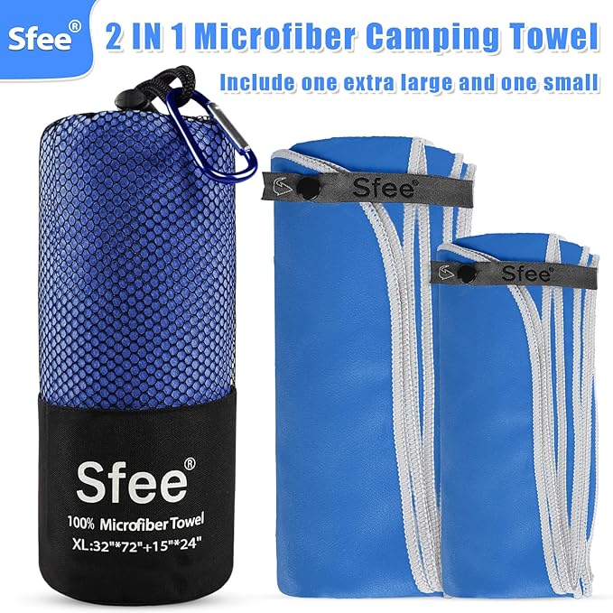 Sfee 2 Pack Microfiber Travel Towel, Quick Dry Towel Camping Towel Large Beach Towel Super Absorbent Compact Lightweight Sports Towel Gym Towel Set for Beach, Gym, Hiking, Pool, Backpacking,Bath,Yoga
