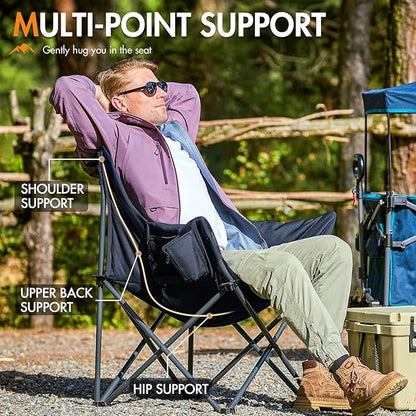 Portal Oversized Padded Camping Chair - Heavy Duty Folding Chair with Cup Holder & Side Pocket, Supports 330 lbs, for Camping, Lawn, Sports, Black