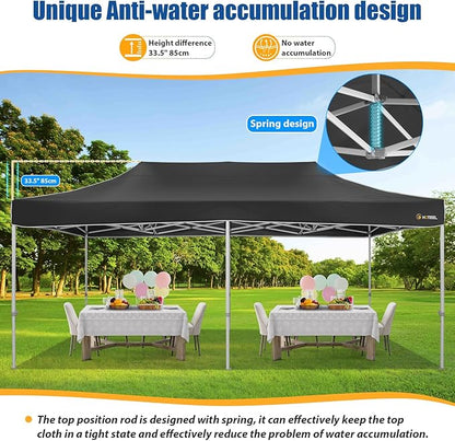 HOTEEL 10x20 Pop up Canopy Tent for Parties, Heavy Duty Easy Setup Tent Without Sidewalls, Outdoor Commercial Instant Gazebo for Wedding Event, with Roller Bag & Sand Bags, Black(Hexagonal Frame)