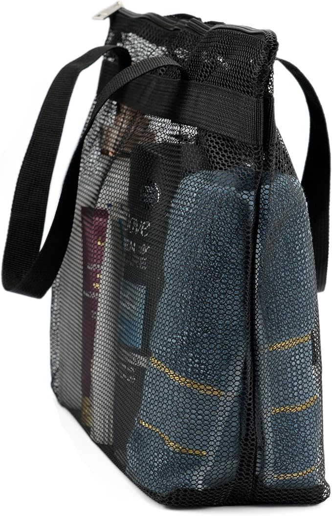 Portable Mesh Shower Caddy Tote Bag Hanging Toiletry Bag with Zipper for Travel, Bath, Gym, Beach, Camping, Swimming, Sunscreen, Dorm (Black)