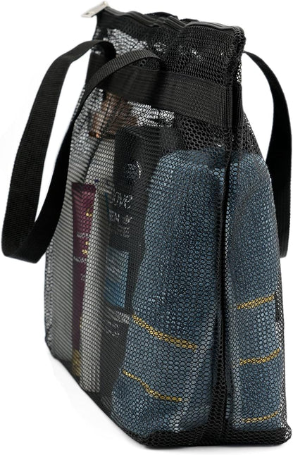 Portable Mesh Shower Caddy Tote Bag Hanging Toiletry Bag with Zipper for Travel, Bath, Gym, Beach, Camping, Swimming, Sunscreen, Dorm (Black)