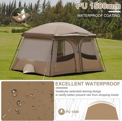Vidalido Tents，6-8 Person Camping Tent with Extended Vestibule，2 Room Weather Resistant Family Tents，Easy Install Waterproof Outdoor Tent for Backpacking and Camping Hiking