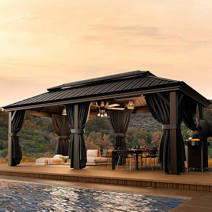 HOTEEL 12x20 Hardtop Gazebo with Metal Roof & Drainage System, Heavy Duty Galvanized Steel Gazebo with Reinforced Aluminum Frame, Privacy Curtains and Netting, for All-Weather, Black (2025 Upgraded)