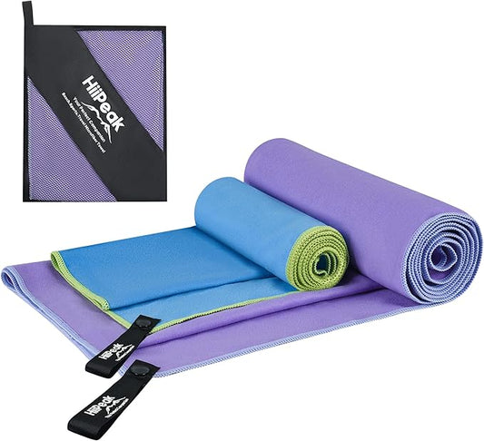 HiiPeak Microfiber Towel, 2 Pack Quick Dry Towel Travel Camping Towel Super Absorbent & Lightweight for Camping, Beach, Sports, Gym, Backpacking, Hiking and Yoga LightBlue & Violet, 63*32" + 32*16"