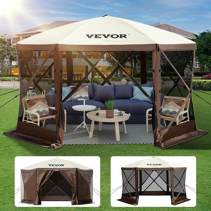 VEVOR 12x12ft Pop Up Gazebo Tent with Privacy Panels, Mosquito Netting & Removable Wind Cloths, 6-Sided Outdoor Canopy for Patio