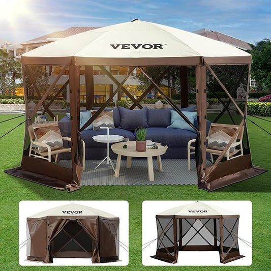 VEVOR 12x12ft Pop Up Gazebo Tent with Privacy Panels, Mosquito Netting & Removable Wind Cloths, 6-Sided Outdoor Canopy for Patio