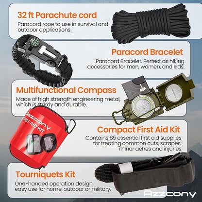 Emergency Survival & First Aid Kit & Tourniquet - 250 PCS Go Bugout Bag Survival Gears with Compass Flashlight Shovel - Tactical Military Grade EDC Backpack for Outdoor Camping Scout