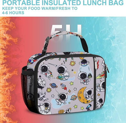 esouler Lunch Box Kids Insulated Lunch Bag for Boys & Girls Durable Children Lunchbox for School with Water Bottle Holder-Astronaut