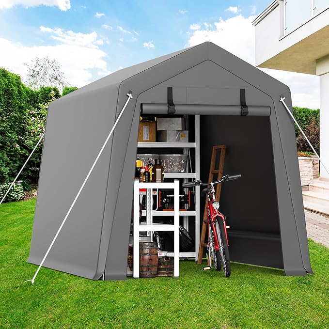 Garvee 6 ft x8 ft Outdoor Portable Storage Shed, Waterproof & UV-Resistant Garage Shelter with 2 Roll-Up Zipper Doors, Anti-Snow Carport Tent for Motorcycle, Bike, and Outdoor Equipment, Gray
