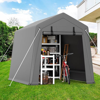 Garvee 6 ft x8 ft Outdoor Portable Storage Shed, Waterproof & UV-Resistant Garage Shelter with 2 Roll-Up Zipper Doors, Anti-Snow Carport Tent for Motorcycle, Bike, and Outdoor Equipment, Gray