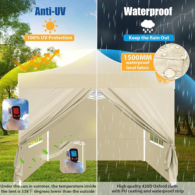 HOTEEL 10x10 Pop up Canopy Tent for Parties, Heavy Duty Easy Setup Tent with 4 Sidewalls, Outdoor Commercial Instant Gazebo for Wedding Event, with Portable Bag & Sand Bags, Khaki(Hexagonal Frame)