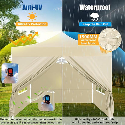 HOTEEL 10x10 Pop up Canopy Tent for Parties, Heavy Duty Easy Setup Tent with 4 Sidewalls, Outdoor Commercial Instant Gazebo for Wedding Event, with Portable Bag & Sand Bags, Khaki(Hexagonal Frame)
