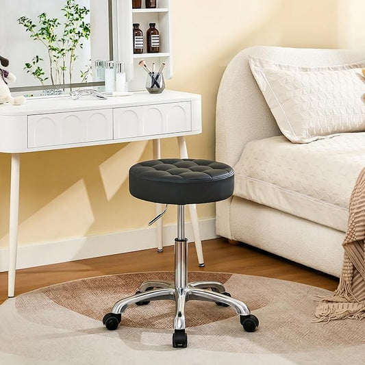 Rolling Stools with Wheels (300lbs Capacity) (Adjustable Height 20"-27") Black Leather Tattoo Vanity Massage Stool (Black)