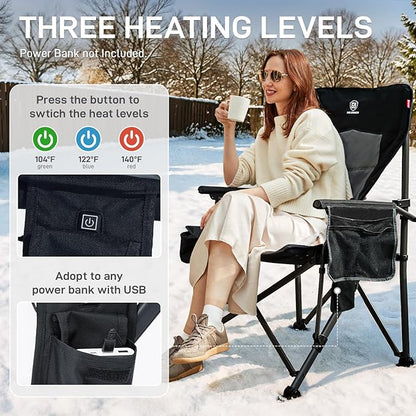 EVER ADVANCED Heated Oversized Foldable Camping Chair for Adults with Adjustable Lumbar Support, Heavy Duty Chair with Side Pockets, Heated Portable Collapsible Quad Chair for Outside, Support 500lbs