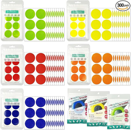 Mosquito Repellent Stickers 300 Pcs, DEET Free Mosquito Patches with 3 Pack Individually Wrapped Mosquito Repellent Bracelets for Kids and Adults Indoor Outdoor