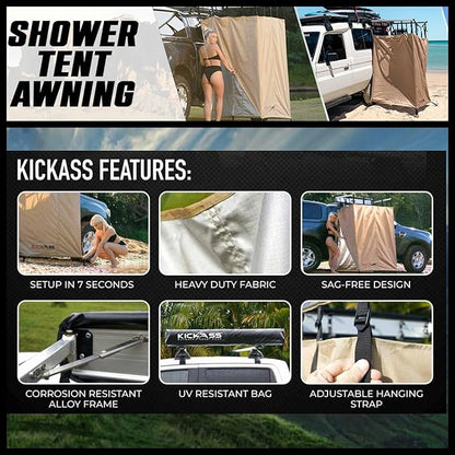 KickAss Instant Ensuite Camping Shower Tent Awning for Cars - Use on Jeep, Toyota, Great 4x4 Accessory Perfect for Camping, Off Roading, Boating, Fishing, Travel, RV's, Festivals, Road Trips