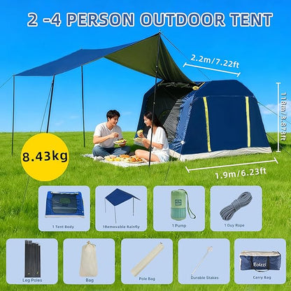 2-4 Person Inflatable Camping Tent | 60 Second Setup | 4 Season Waterproof (PU3000 Oxford) | All Weather Tent for Romantic Dates, Fall/Winter Camping, Hunting & Fishing
