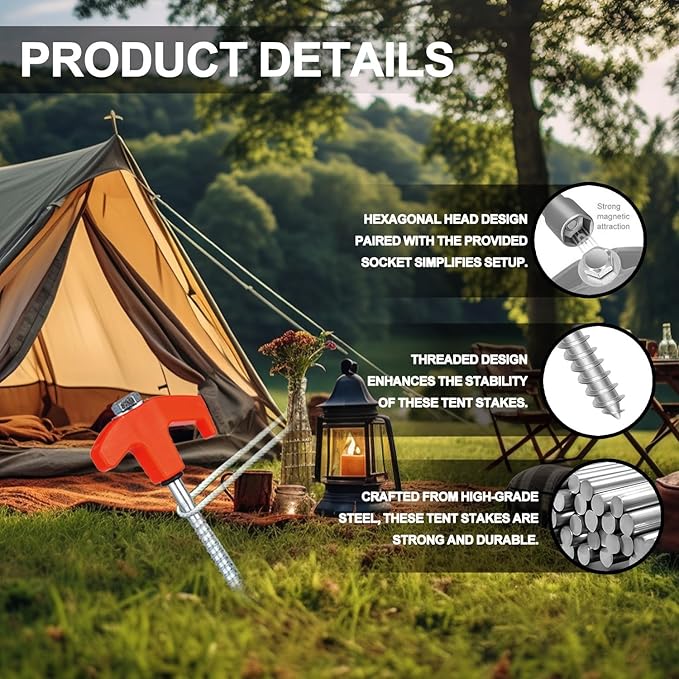 4 Pack Screw in Tent Stakes Heavy Duty,8 Inch Ground Anchors Screw in,Metal Stakes with Hex Head Driver,Camping Accessories.(Orange)