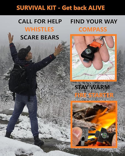 5-in-1 Tactical Keychain Lanyard for Hiking Fishing Hunting & Outdoor Emergencies | Multipurpose Survival Safety Tool with Compass, Emergency Whistle, Fire Starter (2 Pack Black/Orange)