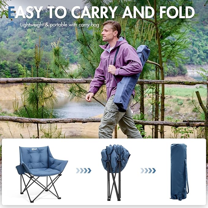 Portal Oversized Padded Camping Chair - Heavy Duty Folding Chair with Cup Holder & Side Pocket, Supports 330 lbs, for Camping, Lawn, Sports, Blue