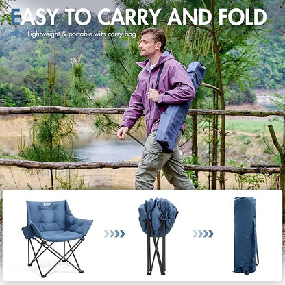 Portal Oversized Padded Camping Chair - Heavy Duty Folding Chair with Cup Holder & Side Pocket, Supports 330 lbs, for Camping, Lawn, Sports, Blue