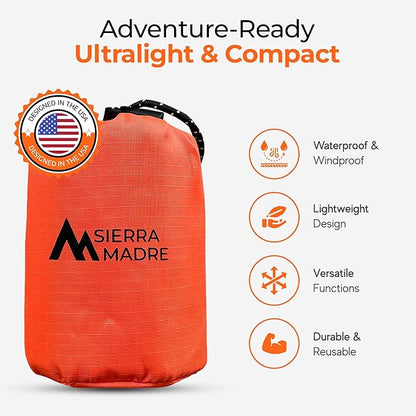 Sierra Madre Emergency Sleeping Bag – Ultralight, Waterproof Mylar Thermal Bivy Sack Tent for Hiking, Bug-Out Bags, Survival Kits – Emergency Survival Space Blanket for Heat Retention 5 Pack