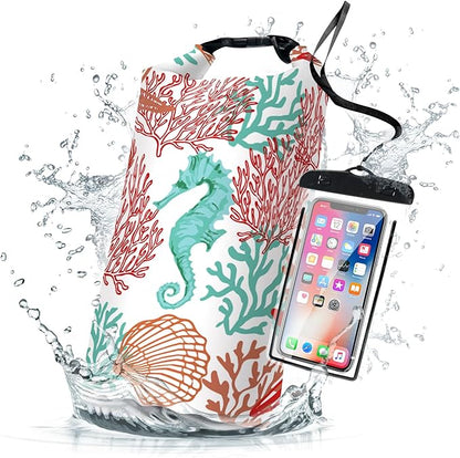 Waterproof Dry Bag,Roll Top Sea Turtle Starfish Coral Waterproof Backpack 5L/10L/20L Floating and Lightweight Bags for Kayaking, Boating, Fishing, Swimming and Camping with Waterproof Phone Case