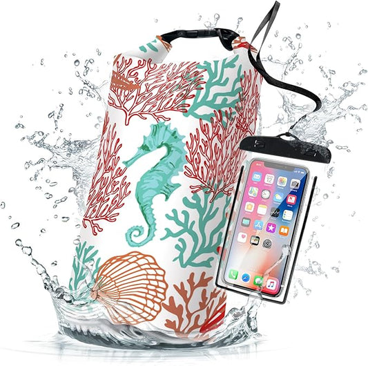 Waterproof Dry Bag,Roll Top Sea Turtle Starfish Coral Waterproof Backpack 5L/10L/20L Floating and Lightweight Bags for Kayaking, Boating, Fishing, Swimming and Camping with Waterproof Phone Case