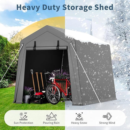 Garvee 6 ft x8 ft Outdoor Portable Storage Shed, Waterproof & UV-Resistant Garage Shelter with 2 Roll-Up Zipper Doors, Anti-Snow Carport Tent for Motorcycle, Bike, and Outdoor Equipment, Gray