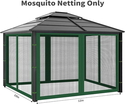 Gazebo Replacement Mosquito Netting Outdoor Universal Gazebo Canopy 4-Panels Screen Sidewalls with Zipper for Patio Garden (Green, 10x12)