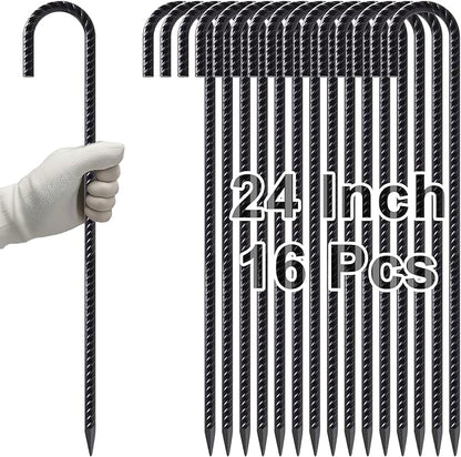 VVOKGO 24 Inches Rebar Stakes Heavy Duty J Hook, Curved Steel Plant Support Garden Stake with Chisel Point end, Hammer Through Hard Soil for Chain Link Fence and Gazebo - Black Coated 16pcs
