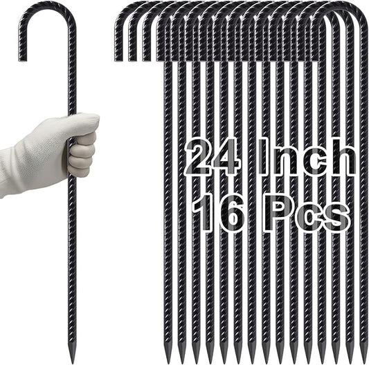 VVOKGO 24 Inches Rebar Stakes Heavy Duty J Hook, Curved Steel Plant Support Garden Stake with Chisel Point end, Hammer Through Hard Soil for Chain Link Fence and Gazebo - Black Coated 16pcs