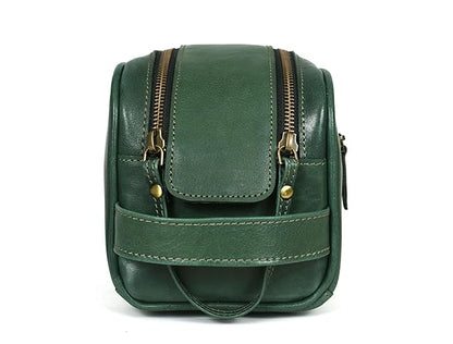 10" Premium Leather Toiletry Travel Pouch With Waterproof Lining | King-Size Handcrafted Vintage Dopp - Kit ~ Gift for Father's Day By Aaron Leather Goods (Basil Green)