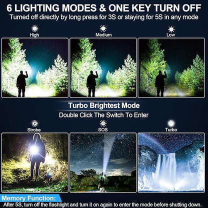 Flashlights High Lumens Rechargeable, 20000 Lumens Super Bright 1500 Meters Long Range Small Powerful Flashlight, 6 Modes LED Tactical Pocket Waterproof Flash Light for Home Emergency (2, Yellow Gold)