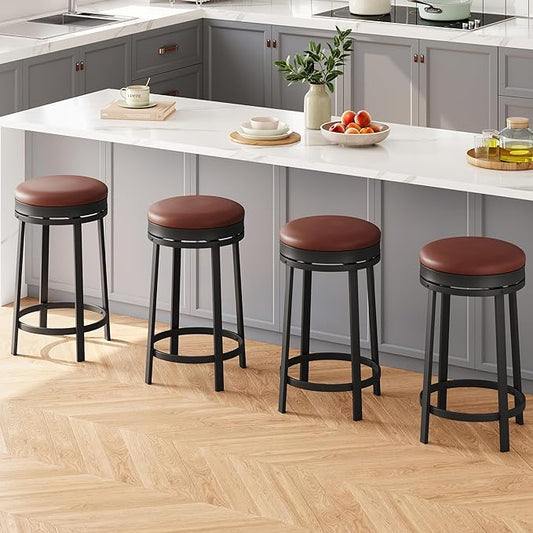 IDEALHOUSE 24'' Swivel Bar Stools Set of 4 with Footrest, Modern Counter Height Barstools with PU Leather Upholstered and Metal Frame, Backless Round Bar Stools for Kitchen Island, Brown