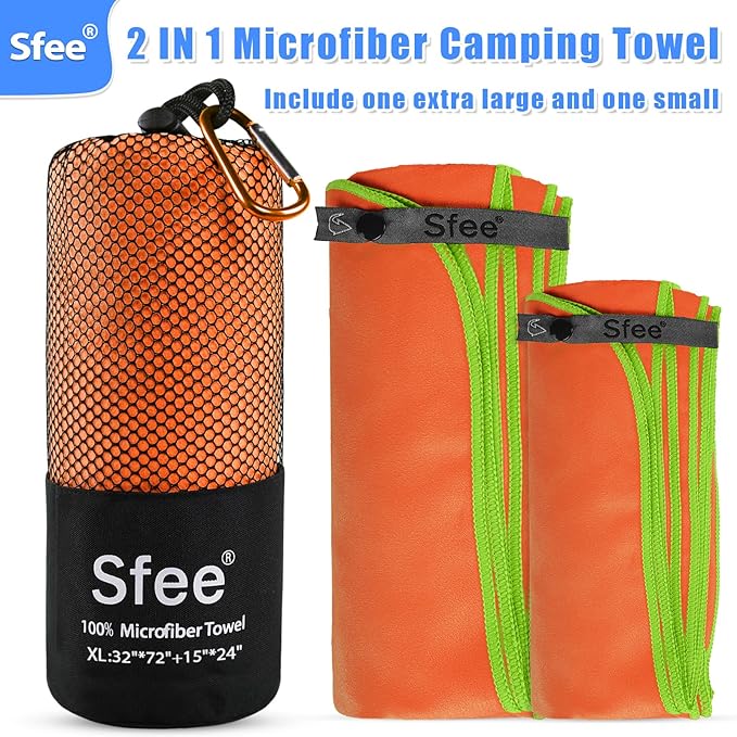 Sfee 2 Pack Microfiber Travel Towel, Quick Dry Towel Camping Towel Large Beach Towel Super Absorbent Compact Lightweight Sports Towel Gym Towel Set for Beach, Gym, Hiking, Pool, Backpacking,Bath,Yoga