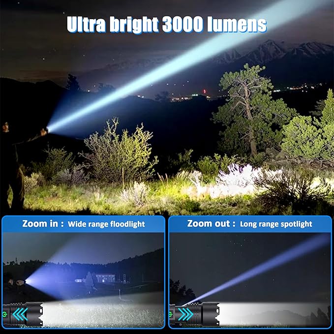 Tactical Flashlights,Super Bright Rechargeable LED Flashlights High Lumens,3000Lumen High Powered Flashlight with 5 Modes,Large Capacity,IP65 Waterproof Handheld Flash Light for Emergency, Camping