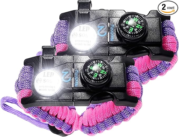 Survival Paracord Bracelet - Tactical Emergency Gear Kit with SOS LED Light, 550 Grade, Adjustable, Multitools, Fire Starter, Compass, and Whistle - Set of 2