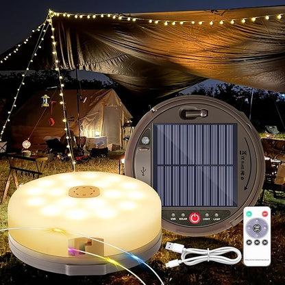 Outdoor waterproof portable stowable string light, 4 in 1 camping string lights outdoor with 8 lighting modes (42ft), solar /USB rechargeable Tent Lights for Camping, Hiking, Yard, RV (Multicolor)